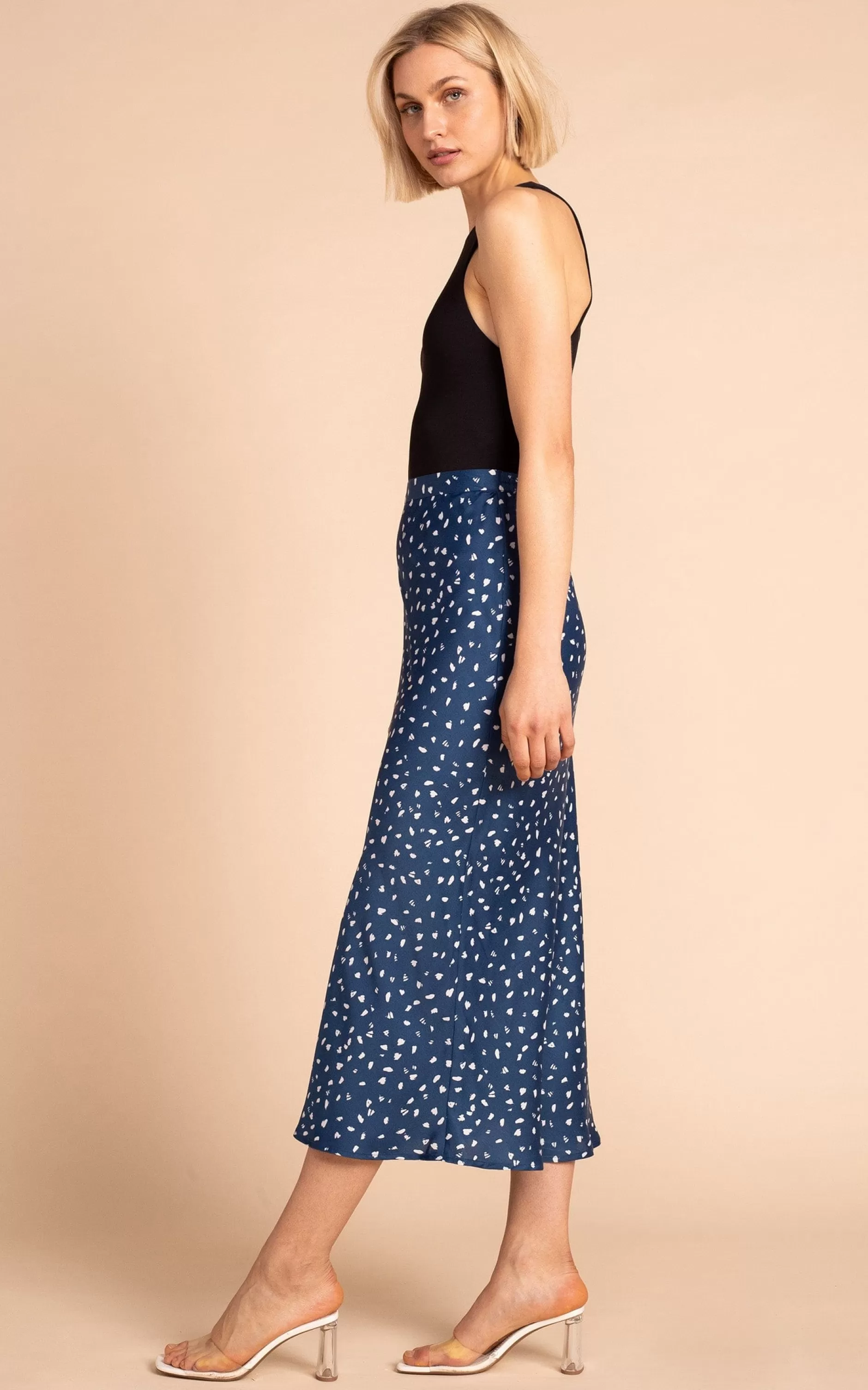 Dancing Leopard Renzo Satin Midi Slip Skirt In Abstract White On Navy>Women Skirts