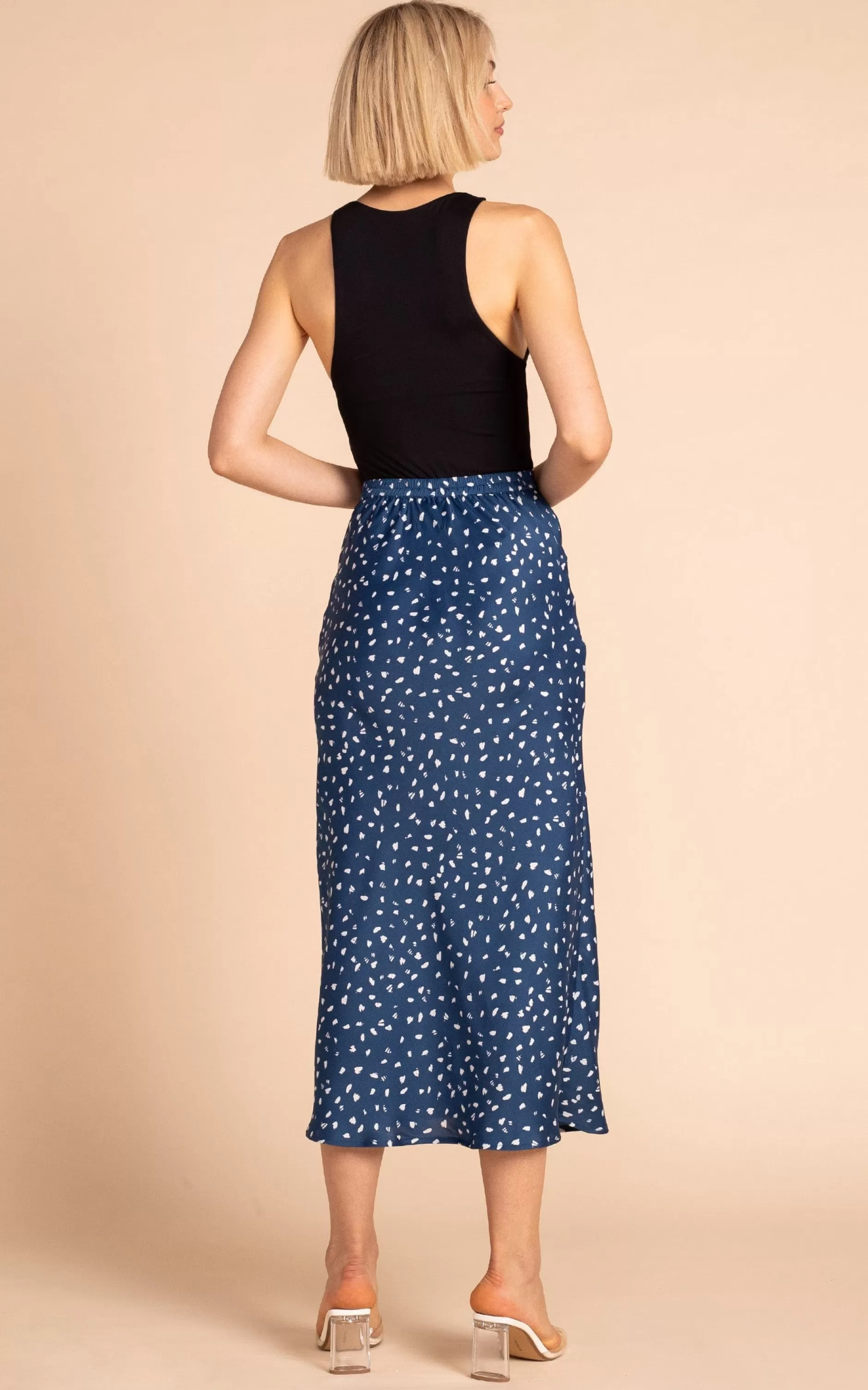 Dancing Leopard Renzo Satin Midi Slip Skirt In Abstract White On Navy>Women Skirts