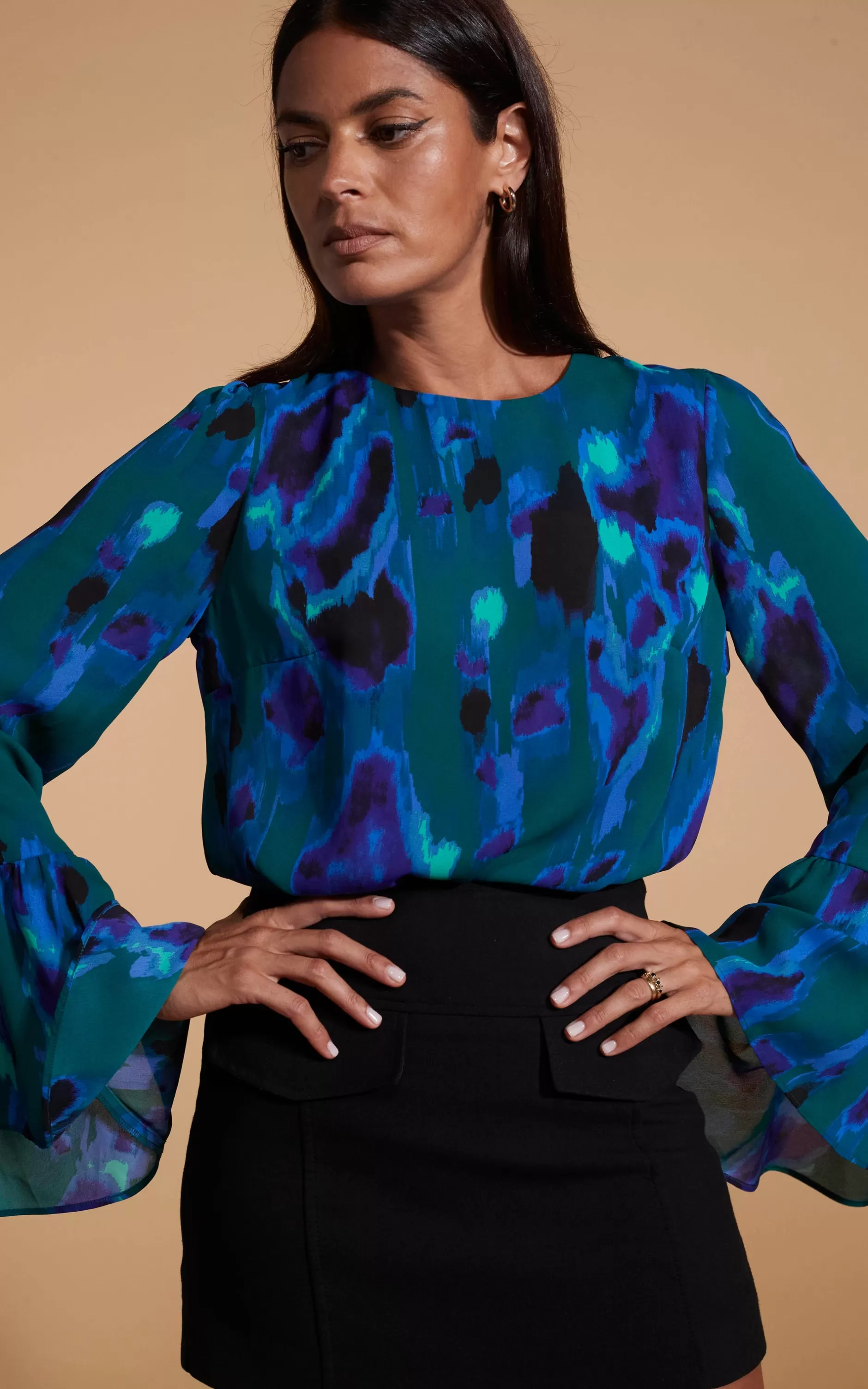 Dancing Leopard Suvi Flare Sleeve Top In Camo Abstract Blue On Green>Women Tops