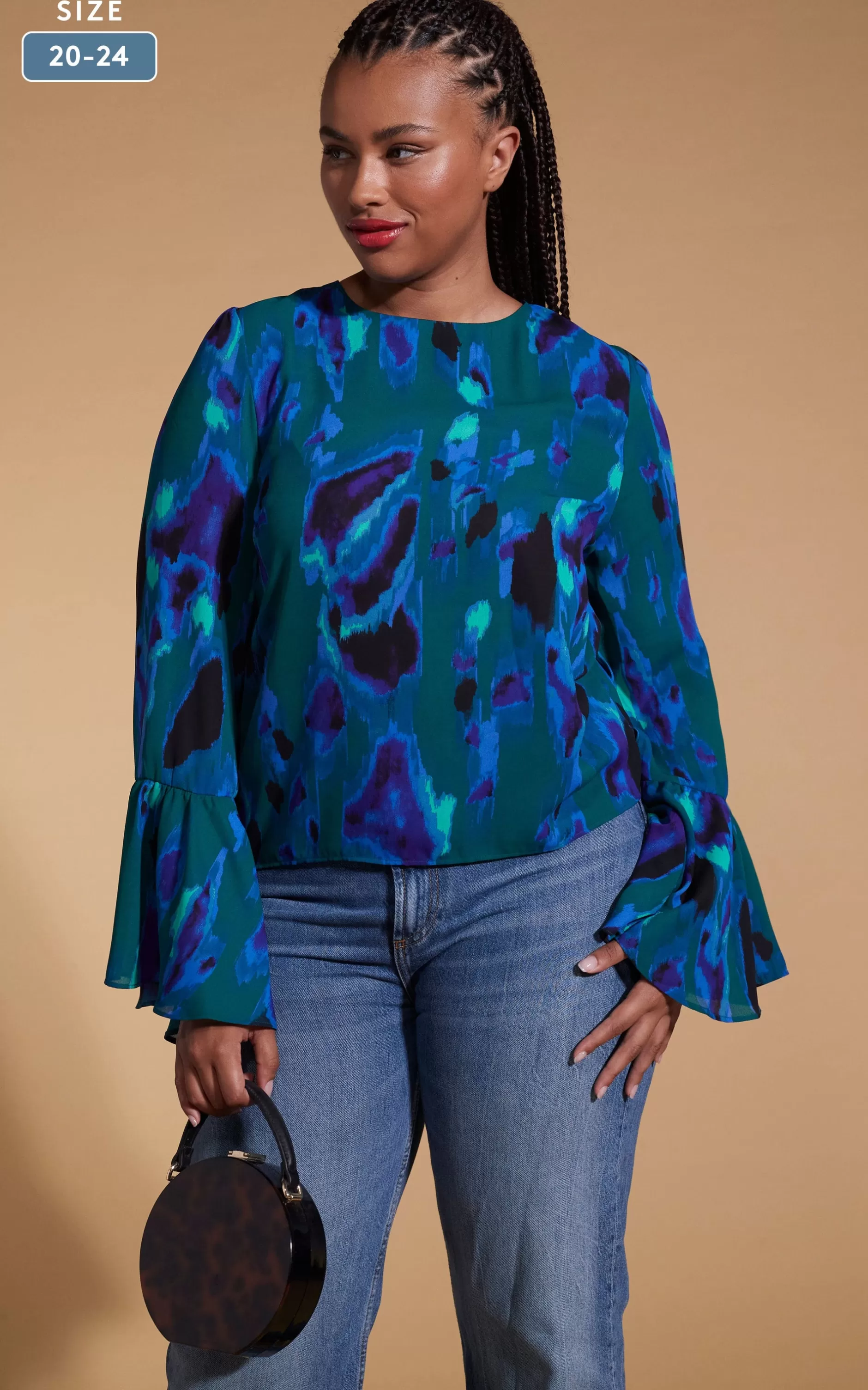 Dancing Leopard Suvi Flare Sleeve Top In Camo Abstract Blue On Green- Extended Sizing>Women Tops