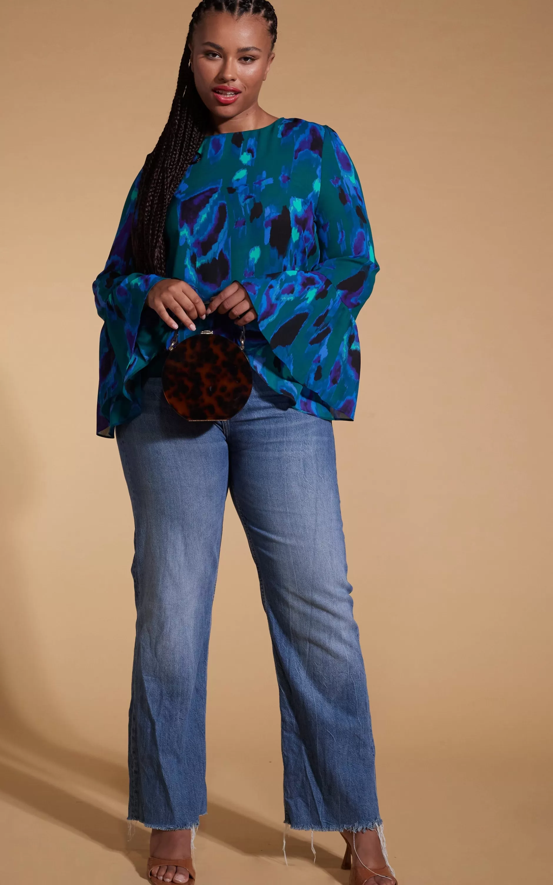 Dancing Leopard Suvi Flare Sleeve Top In Camo Abstract Blue On Green- Extended Sizing>Women Tops