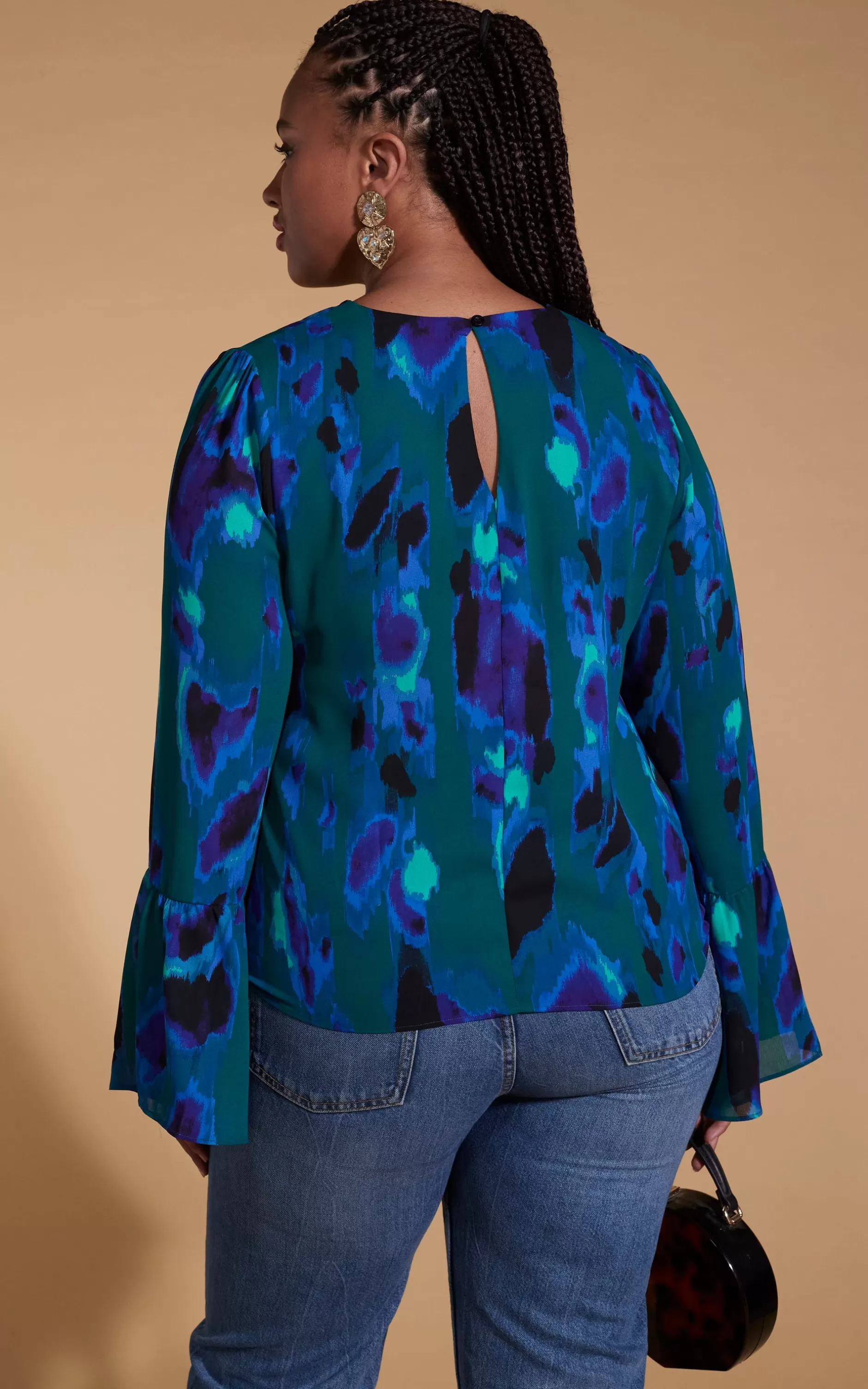 Dancing Leopard Suvi Flare Sleeve Top In Camo Abstract Blue On Green- Extended Sizing>Women Tops