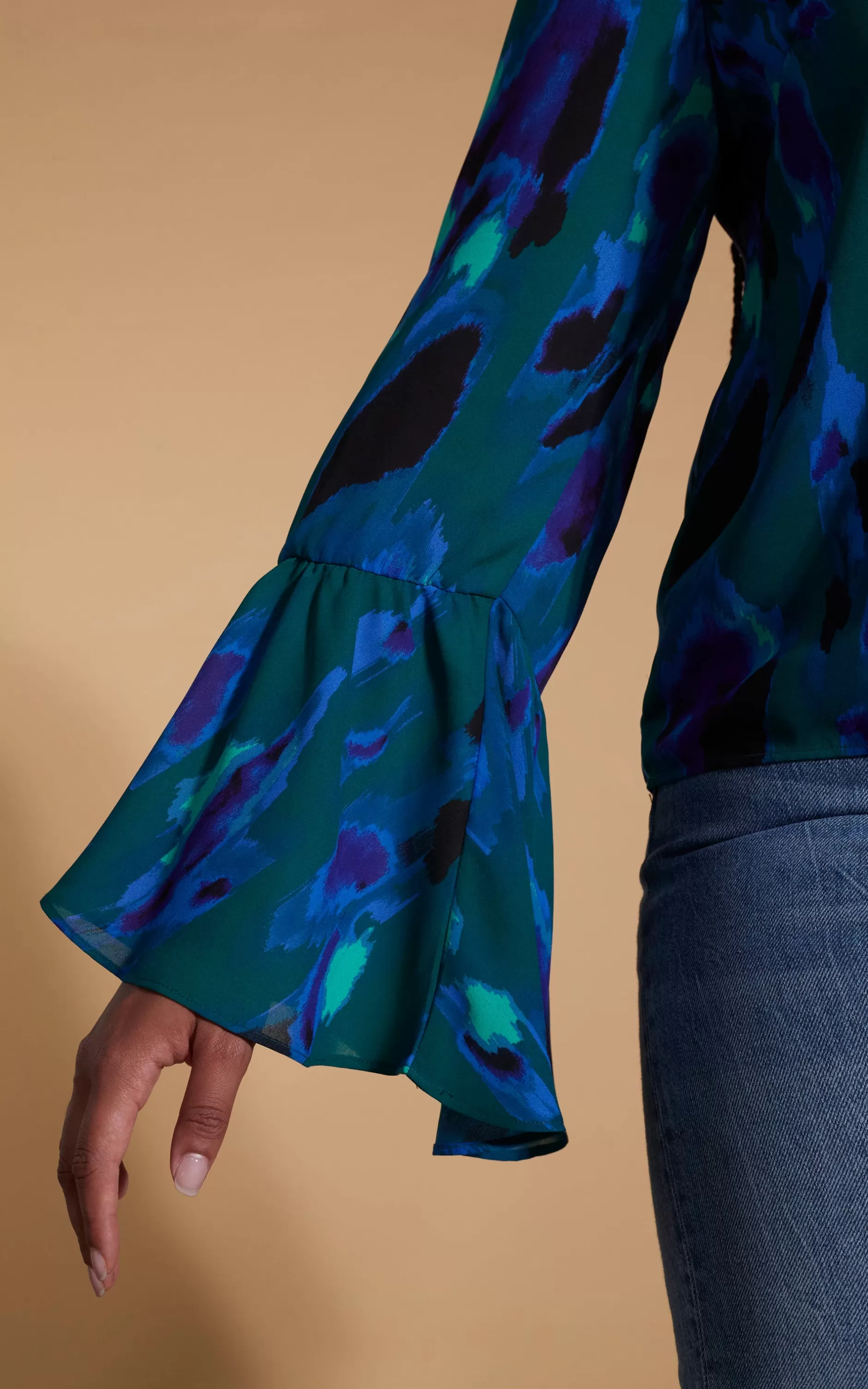 Dancing Leopard Suvi Flare Sleeve Top In Camo Abstract Blue On Green- Extended Sizing>Women Tops